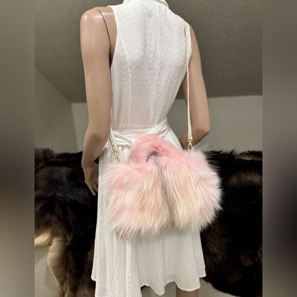 Stunning Pink Gradient Genuine Fox Fur Handmade Top Handle Satchel Bag/Crossbody - Picture 9 of 17